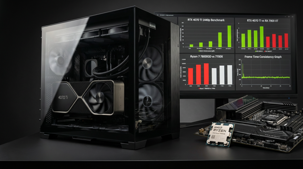 RTX 4070 Ti 12GB vs RX 7900 XT 1440p benchmarks, Ryzen 7 7800X3D vs 7700X performance and frame time consistency